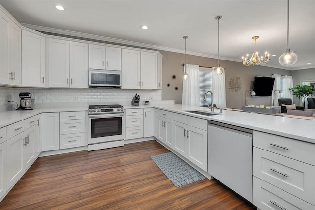 kitchen with a notable chandelier, crown molding, a sink, appliances with stainless steel finishes, and dark wood-style flooring