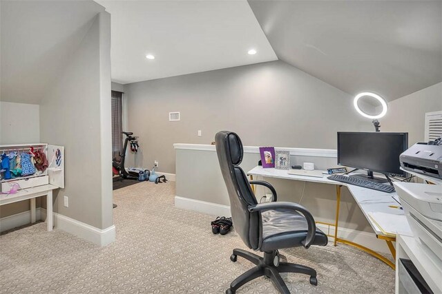 carpeted office space with baseboards, lofted ceiling, and recessed lighting