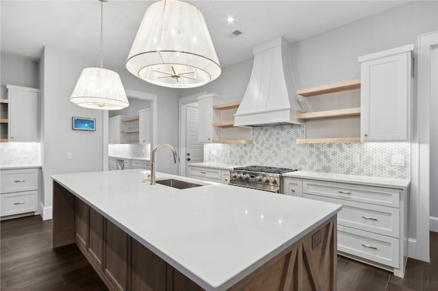 kitchen with white cabinetry, sink, dark wood-type flooring, high end range, and custom range hood