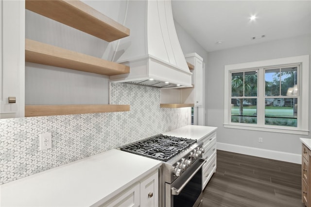 kitchen with backsplash, premium range hood, high end stainless steel range oven, and white cabinetry