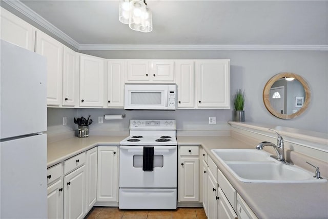 kitchen featuring a sink, white appliances, light tile patterned floors, light countertops, and white cabinets