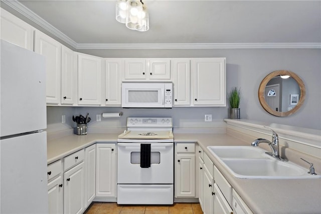 kitchen with white cabinets, light countertops, light tile patterned floors, a sink, and white appliances