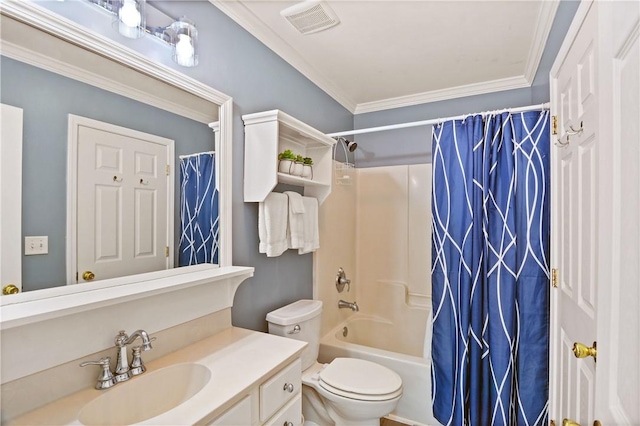 bathroom featuring visible vents, toilet, vanity, crown molding, and shower / bath combo