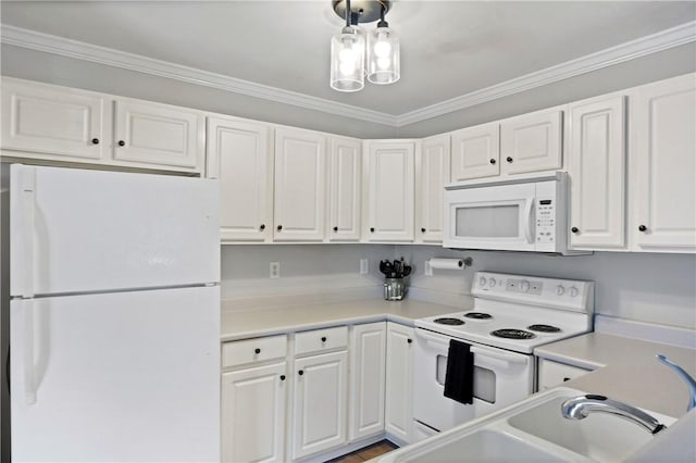 kitchen featuring white cabinets, ornamental molding, white appliances, and light countertops