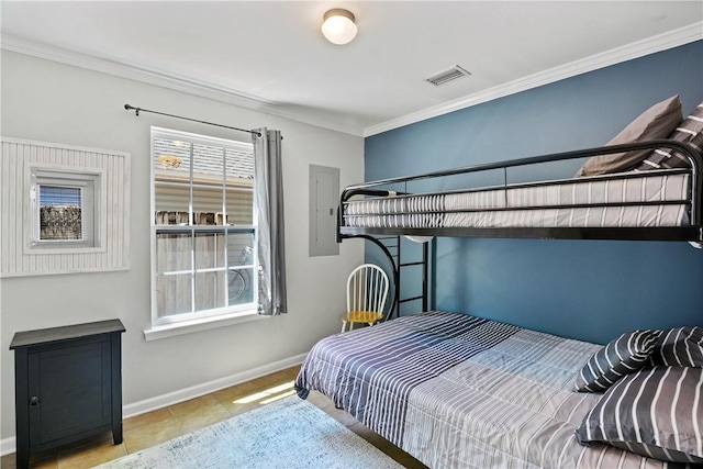 bedroom featuring baseboards, ornamental molding, tile patterned floors, and visible vents