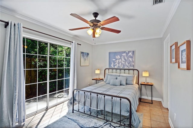 bedroom featuring light tile patterned floors, baseboards, visible vents, ceiling fan, and ornamental molding