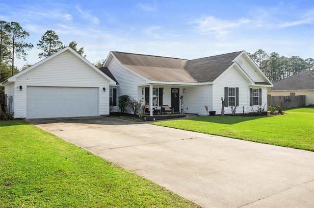 single story home featuring covered porch, a garage, and a front lawn