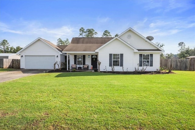 single story home featuring a porch, a garage, and a front lawn