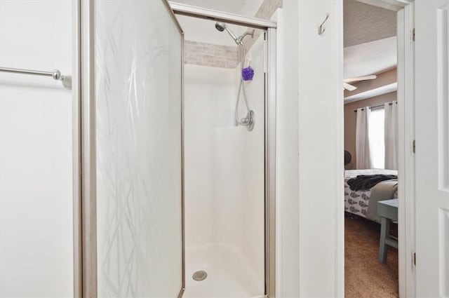 bathroom featuring ceiling fan, a shower with shower door, and a textured ceiling