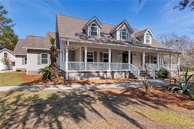 view of front of house with a shingled roof and covered porch