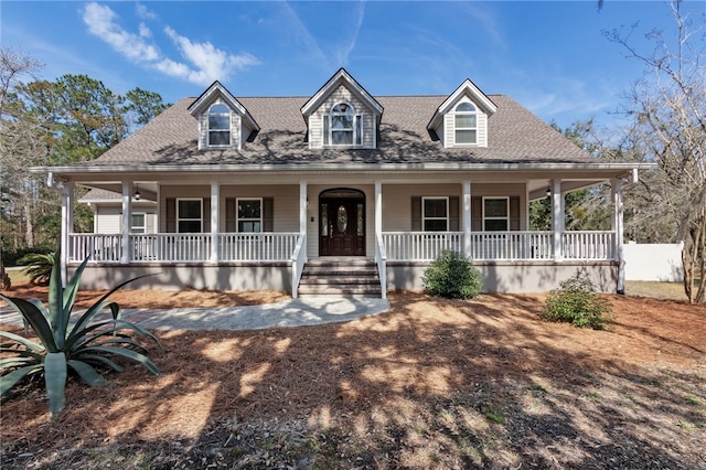 farmhouse inspired home featuring covered porch and a shingled roof