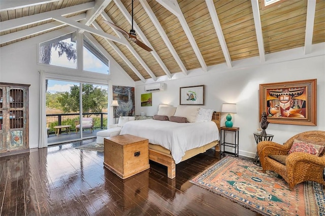 bedroom with high vaulted ceiling, a wall unit AC, access to exterior, beamed ceiling, and wood-type flooring