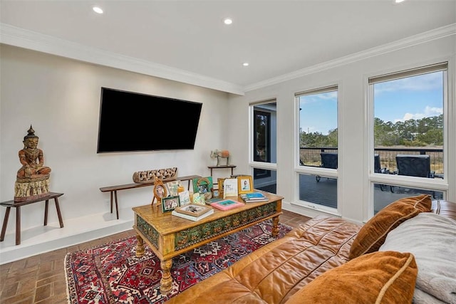 living area featuring ornamental molding, brick floor, and recessed lighting