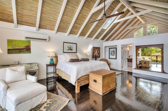 bedroom with high vaulted ceiling, wood finished floors, beam ceiling, and a wall mounted AC