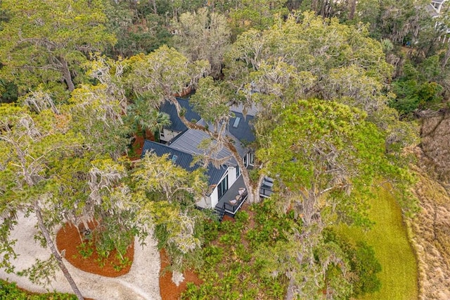 drone / aerial view featuring a view of trees