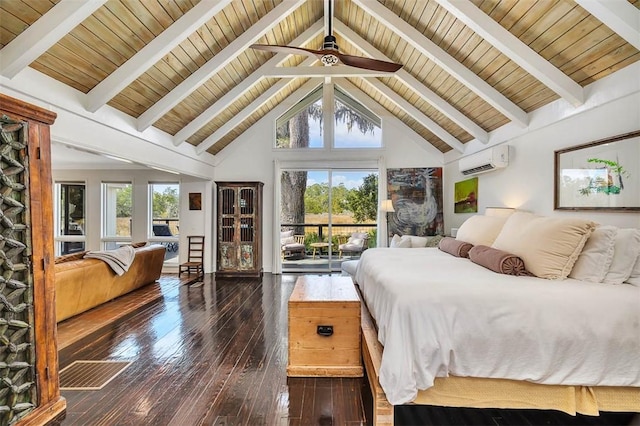 bedroom with an AC wall unit, multiple windows, dark wood finished floors, and beamed ceiling