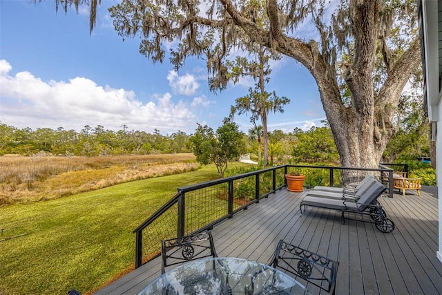 wooden deck featuring a lawn