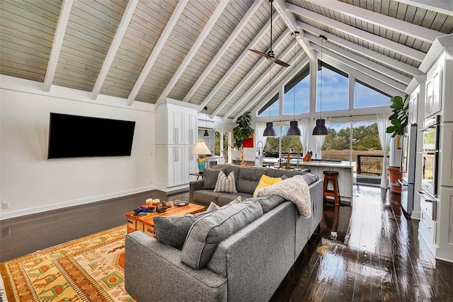 living room with high vaulted ceiling, baseboards, dark wood-type flooring, and beamed ceiling