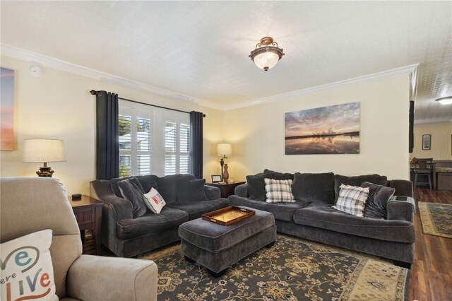 living room with dark hardwood / wood-style floors and crown molding