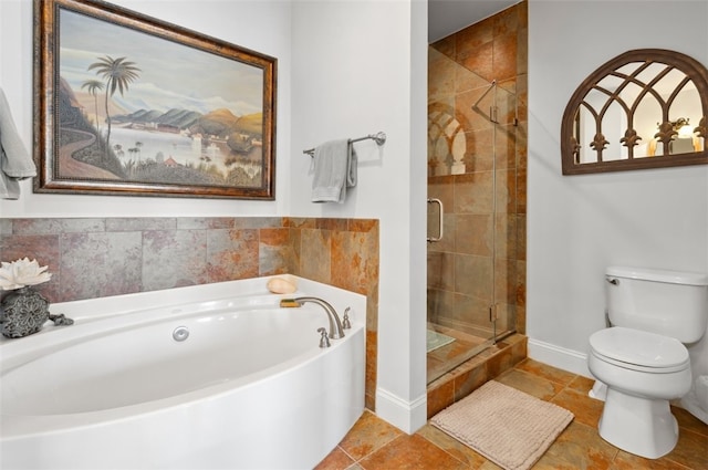 bathroom with tile patterned floors, separate shower and tub, and toilet