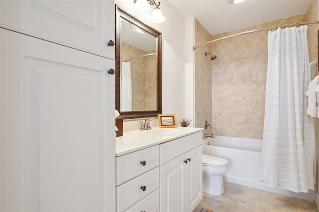 full bathroom with toilet, vanity, tile patterned floors, and shower / bathtub combination with curtain