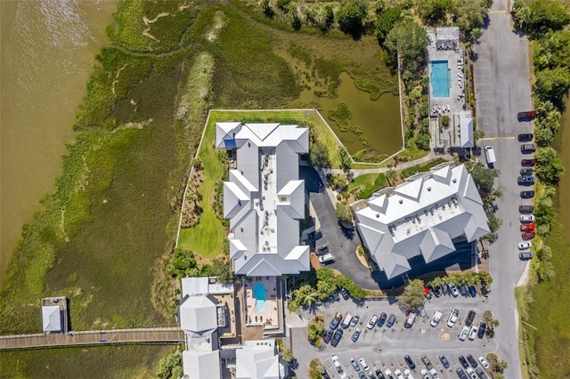 aerial view featuring a water view