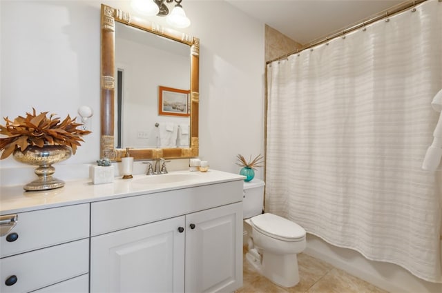 full bathroom featuring tile patterned flooring, vanity, toilet, and shower / bathtub combination with curtain