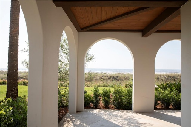 view of patio / terrace featuring a water view