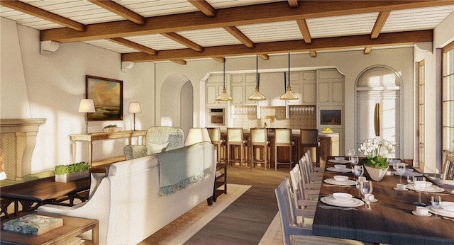 dining room featuring beamed ceiling and dark hardwood / wood-style flooring