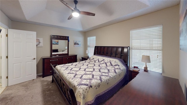 carpeted bedroom with multiple windows, a tray ceiling, and ceiling fan