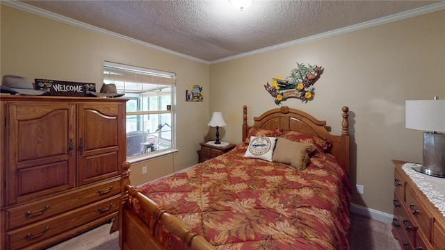 bedroom with dark colored carpet, a textured ceiling, and ornamental molding