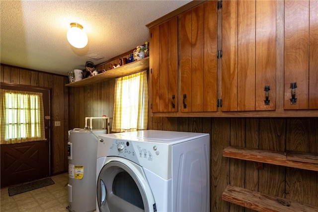 2320 Ben Hill Ave, Waycross, GA 31501 - laundry room with washer / clothes dryer, wooden walls, plenty of natural light, cabinet space, and water heater