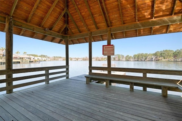 dock area featuring a gazebo and a water view