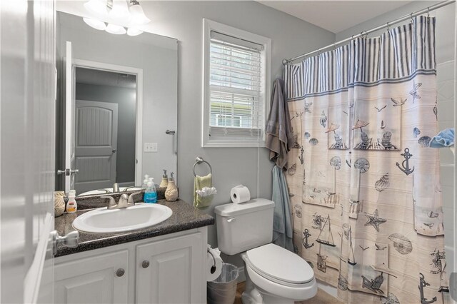 bathroom featuring a shower with shower curtain, vanity, and toilet