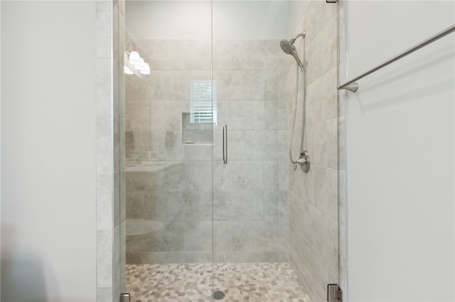 bathroom featuring a shower with door