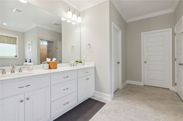 bathroom featuring a shower, crown molding, and vanity