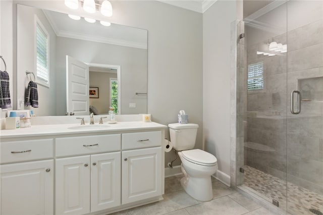 bathroom with tile patterned floors, walk in shower, vanity, crown molding, and toilet