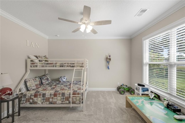 373 Harbour Island Cir, Waverly, GA 31565 - carpeted bedroom with ornamental molding, ceiling fan, and a textured ceiling