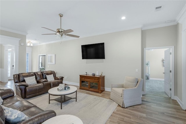 373 Harbour Island Cir, Waverly, GA 31565 - living room with ornamental molding, light wood-type flooring, a ceiling fan, and recessed lighting