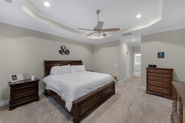 373 Harbour Island Cir, Waverly, GA 31565 - bedroom featuring a tray ceiling, crown molding, light carpet, recessed lighting, and a ceiling fan