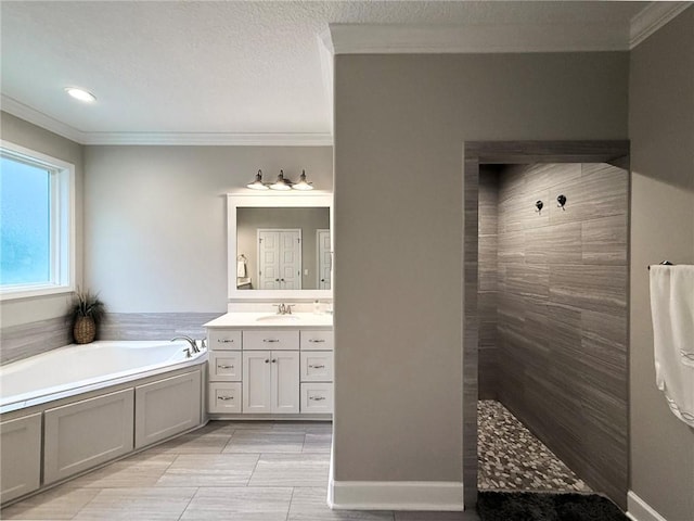 373 Harbour Island Cir, Waverly, GA 31565 - bathroom with ornamental molding, walk in shower, a garden tub, vanity, and recessed lighting