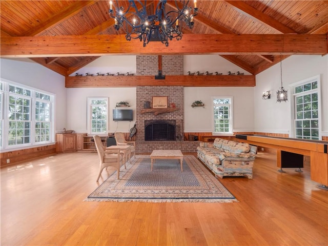 living area featuring a chandelier, wood finished floors, wainscoting, wood ceiling, and beam ceiling