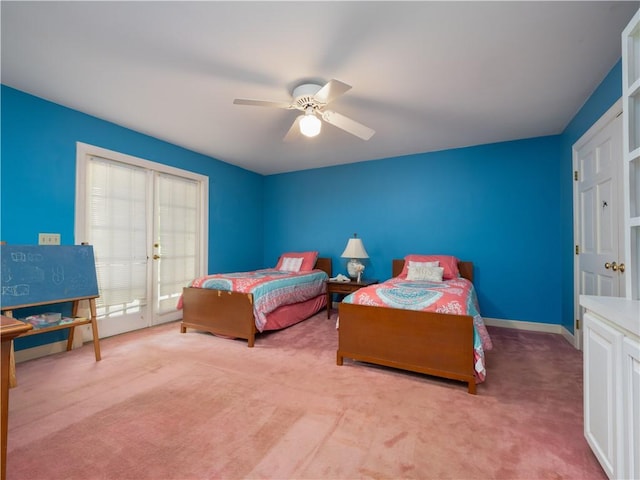 bedroom featuring carpet floors, baseboards, a ceiling fan, and french doors