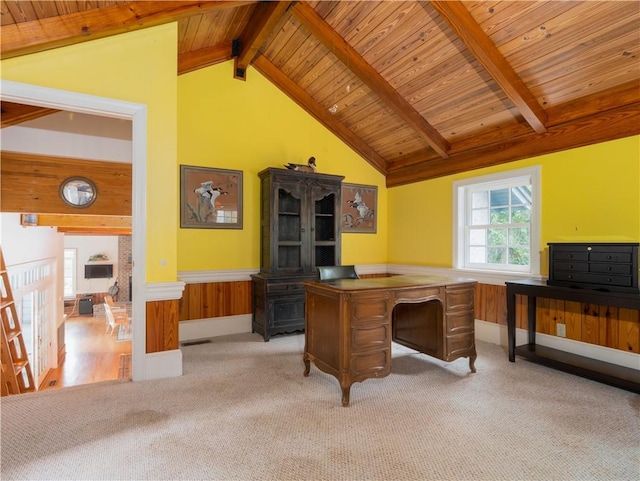 office space with a wainscoted wall, wooden ceiling, carpet, and wood walls