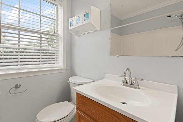 701 Third Ave, Saint Simons Island, GA 31522 - bathroom with crown molding, plenty of natural light, toilet, and vanity