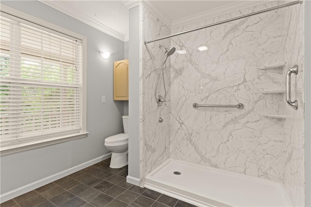 701 Third Ave, Saint Simons Island, GA 31522 - bathroom with toilet, baseboards, ornamental molding, tile patterned floors, and a marble finish shower