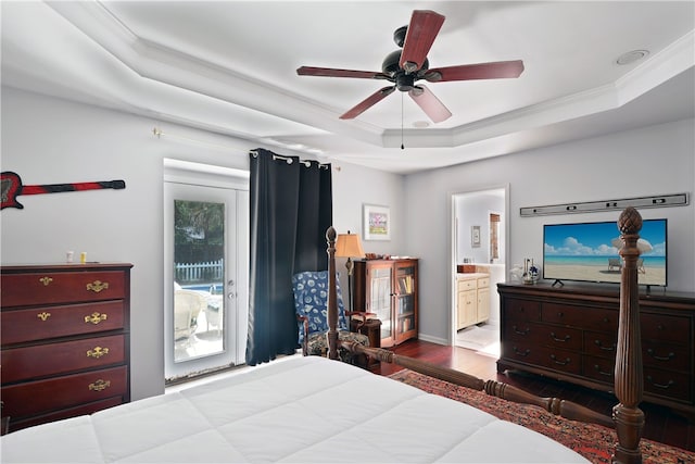 104 Cay Trce, Brunswick, GA 31525 - bedroom with a tray ceiling, ornamental molding, wood finished floors, access to outside, and connected bathroom