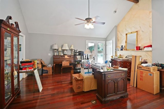 104 Cay Trce, Brunswick, GA 31525 - home office featuring lofted ceiling, a ceiling fan, dark wood-style floors, and french doors