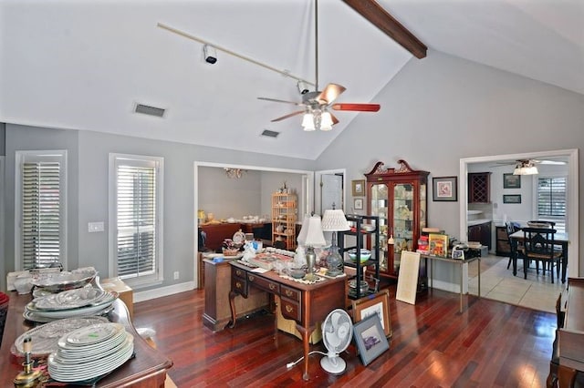 104 Cay Trce, Brunswick, GA 31525 - office featuring ceiling fan, wood finished floors, beamed ceiling, and high vaulted ceiling