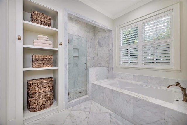 11826 Old Demere Rd, Saint Simons Island, GA 31522 - bathroom with a marble finish shower, a bath, marble finish floors, and crown molding